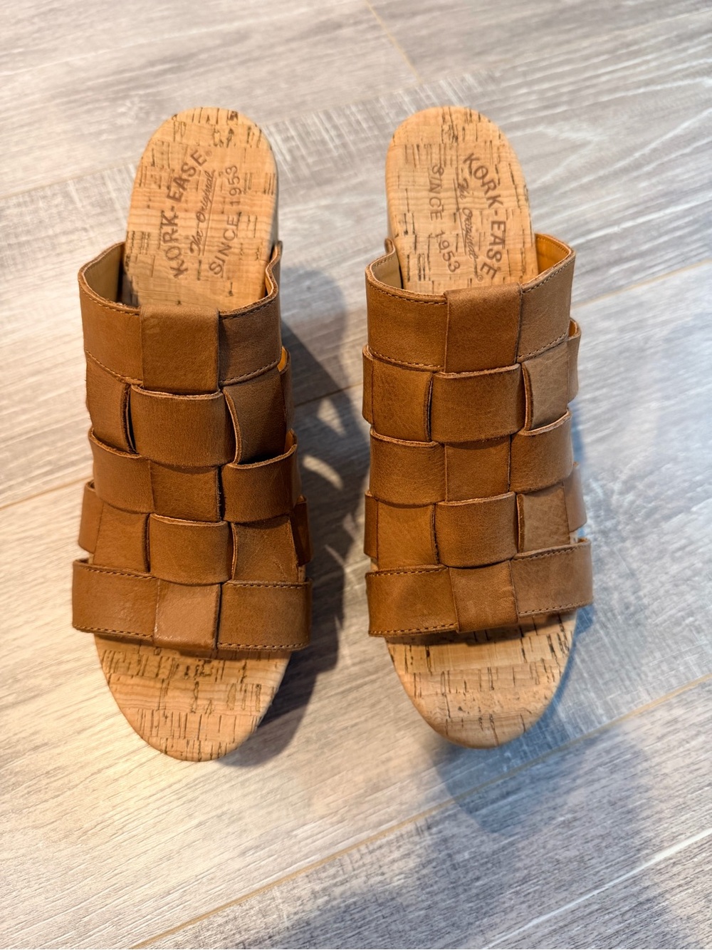 Kork-Ease Tan Woven Leather Slide Mules with Cork Footbed